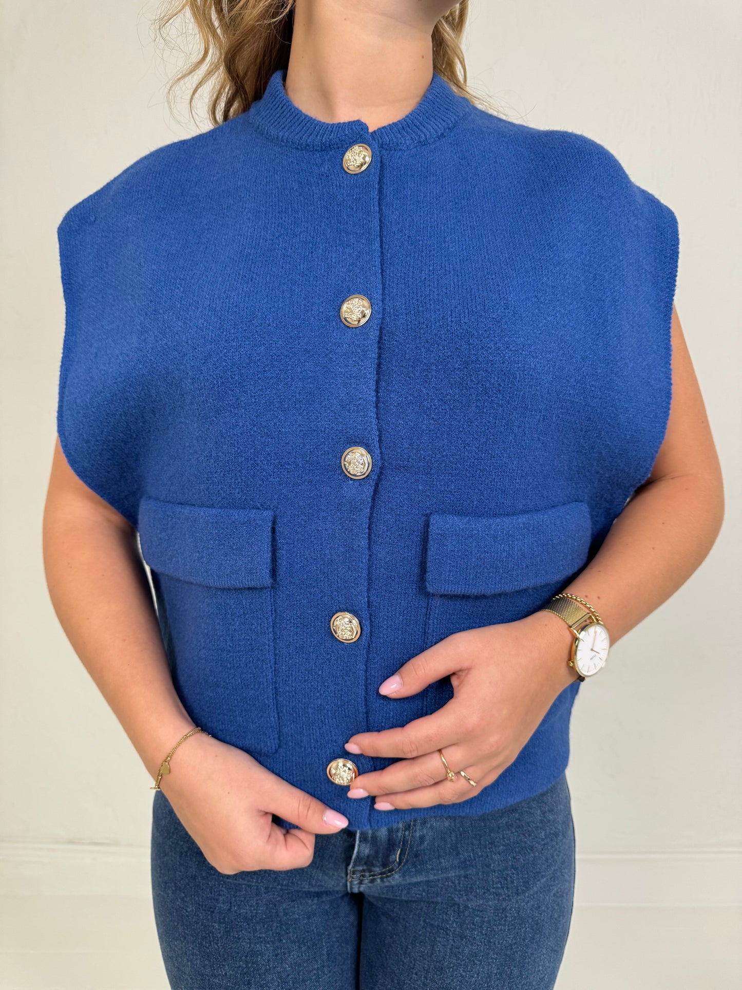 GILET MET GOUDEN KNOPEN VINTAGE BLAUW