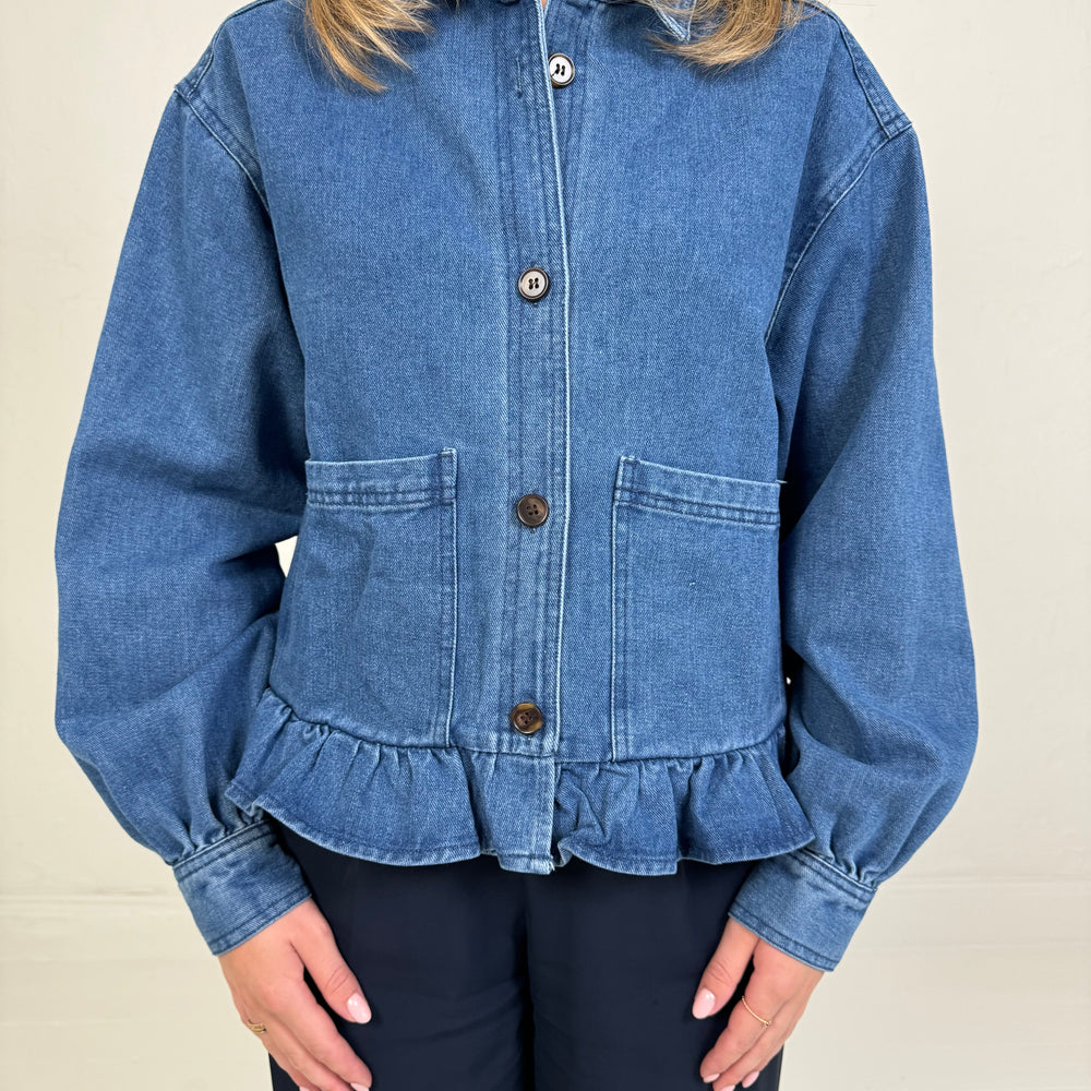 DENIM RUFFLE BLOUSE