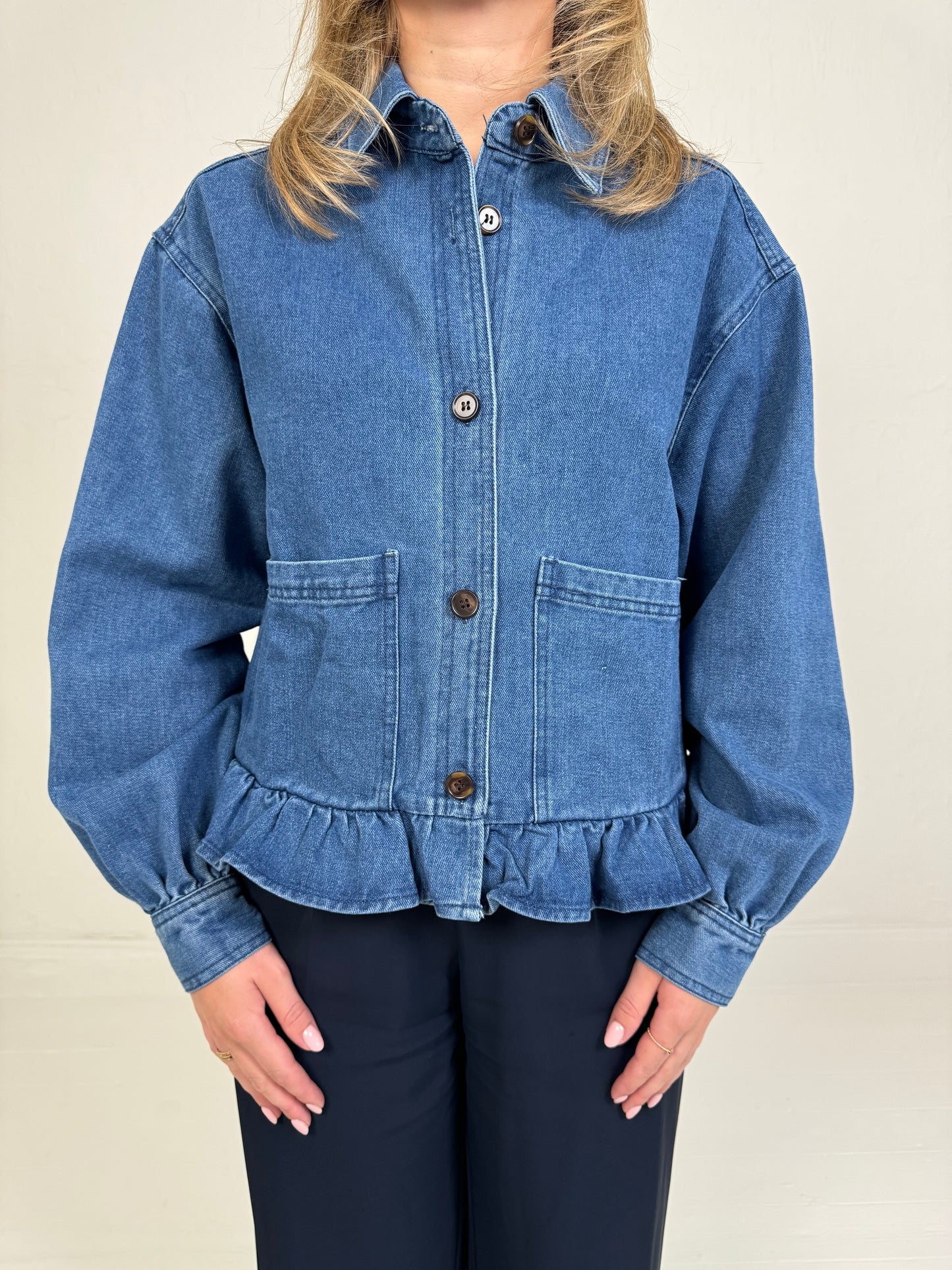 DENIM RUFFLE BLOUSE