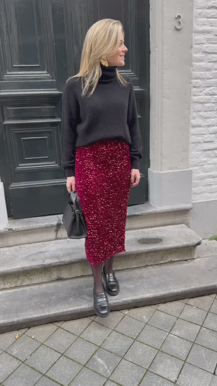 PAILLETTEN MIDI ROK BORDEAUX